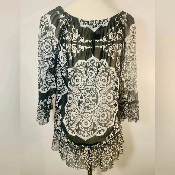 INC Women Printed Ruffled Sheer Peasant Top Henna Emblem Size Petite Large - Picture 4 of 7